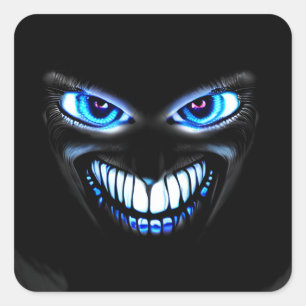 Sticker Carré Visage Déplaisant bleu souriant avec dents effraya