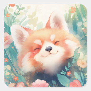 Sticker Carré Visage heureux de panda roux dans un jardin de fle