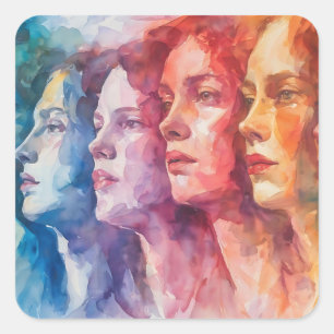 Sticker Carré Visages des femmes - Peinture aquarelle
