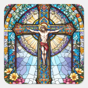 Sticker Carré Vitrail Jésus sur croix avec fleurs