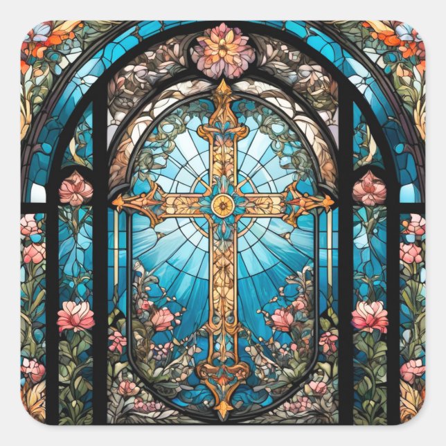 Sticker Carré Vitrail Jésus sur croix avec fleurs (Devant)