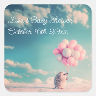 Sticker Carré Vœux de Baby Shower Hérisson Pastel Ballon