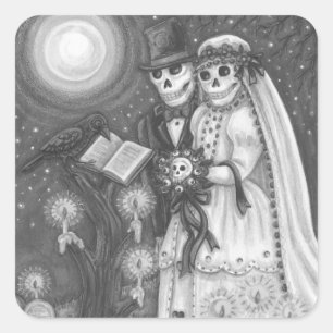 STICKER CARRÉ VOEUX DE CEMETIERE, MARIAGE DE SQUELETTE, MARIE ET
