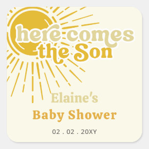Sticker Carré Voici le baby shower retro de son boho