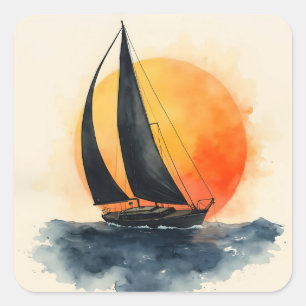 Sticker Carré Voilier à l'aquarelle au coucher du soleil