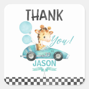 Sticker Carré Voiture de course Giraffe Anniversaire Merci