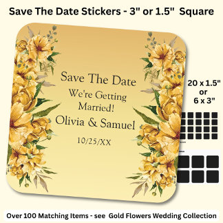 Sticker Carré Vos Noms, Sauvegarder La Date, Fleurs Jaune Doré