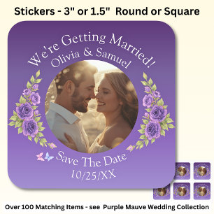 Sticker Carré Votre Photo, Sauvegarder La Date, Fleurs Mauves Vi