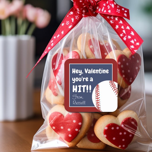 Sticker Carré Vous êtes un coup de coeur Valentine Baseball Favo (You're A Hit Valentine Baseball Favor Square Sticker)