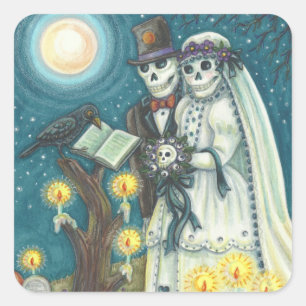 STICKER CARRÉ VOWS DE CEMETERRE, SKELETON MARIAGE, MARÉE ET GROO