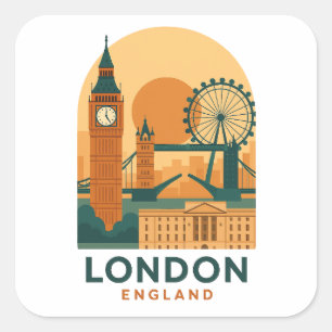 Sticker Carré Voyage à Londres Angleterre Vintage Rétro