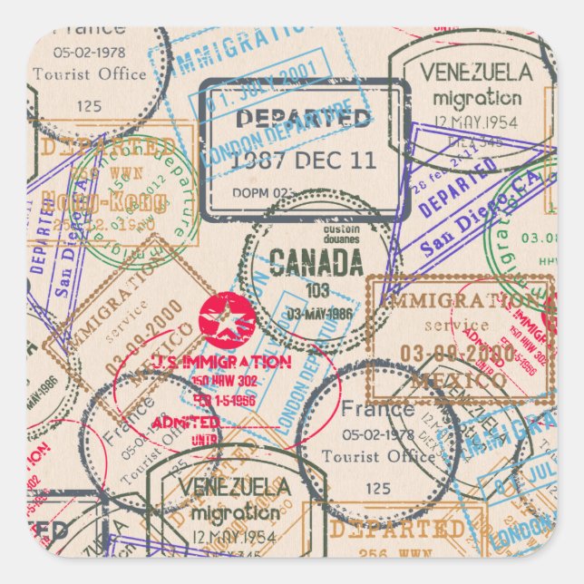 Sticker Carré Voyage de timbres de passeport (Devant)