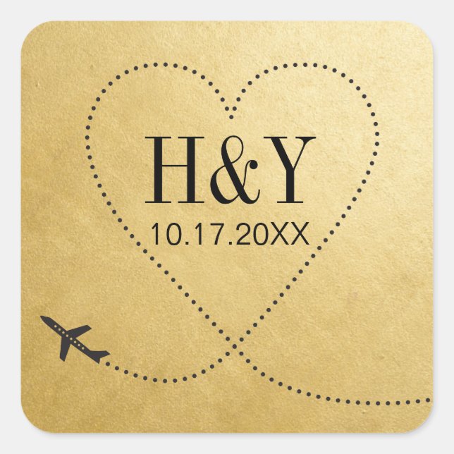 Sticker Carré Voyage Destination Mariage Avion Monogramme Coeur (Devant)