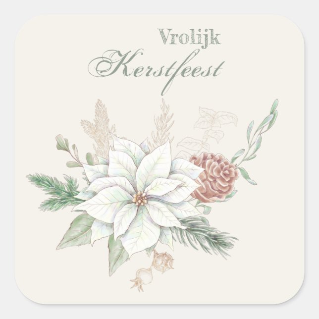 Sticker Carré Vrolijk kerstfeest Poinsettia blanche et cône de p (Devant)