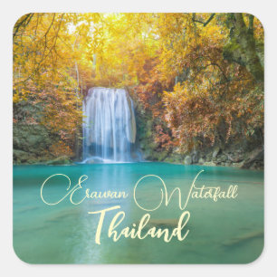 Sticker Carré Vue d'automne de la cascade d'Erawan Thaïlande