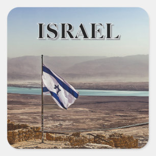 Sticker Carré Vue de Masada avec drapeau israélien