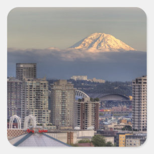 Sticker Carré WA, Seattle, Mount Rainier de Kerry Park