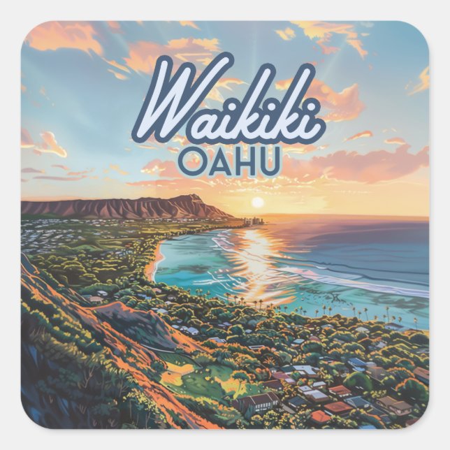 Sticker Carré Waikiki Beach Honolulu Oahu Hawaii Retro (Devant)