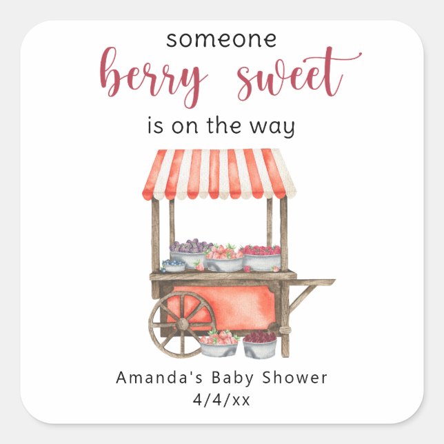Sticker Carré Watercolor Cart Berries Baby shower (Devant)