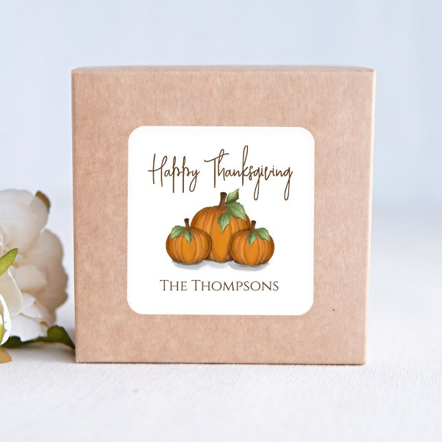 Sticker Carré Watercolor Pumpkins Happy Thanksgiving Custom (Happy Thanksgiving Orange Pumpkins Party Favor Sticker.)