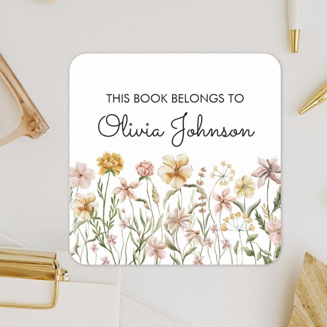 Sticker Carré Watercolor Wildflower Meadow Bookplate (In situ)