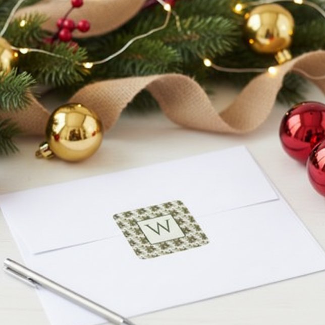 Sticker Carré Watercolor Winter Botanical Pattern (Holiday monogram sticker)