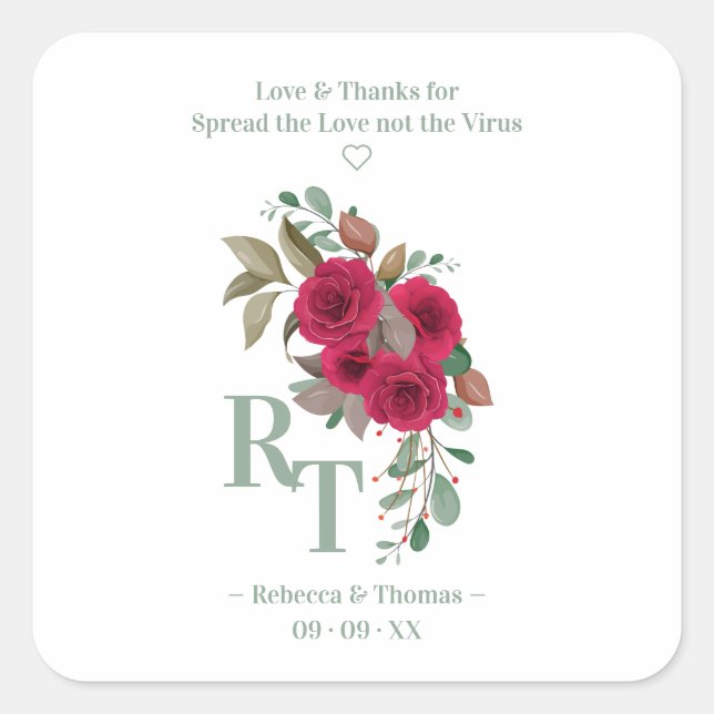 Sticker Carré Wedding Delicate Romantic Floral Wreath Initials (Devant)