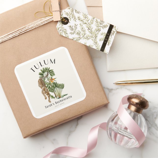 Sticker Carré Week-end de Bachelorette Tropical Tulum Léopard (Cadeaux)