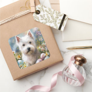 Sticker Carré West Highland White Terrier OEufs de Pâques Vacanc