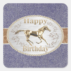 Sticker Carré Western Belt Et Buckle Sur Denim Joyeux Anniversai