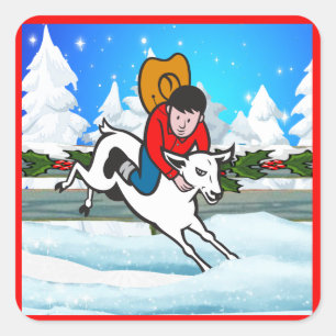 Sticker Carré Western Rodeo Cowboy Kid Mutton Buster Scène de ne
