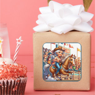 Sticker Carré Western Rodeo Cowgirl Barrel Racing