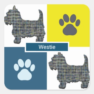 Sticker Carré Westie Dog & Paw Y&B Grid