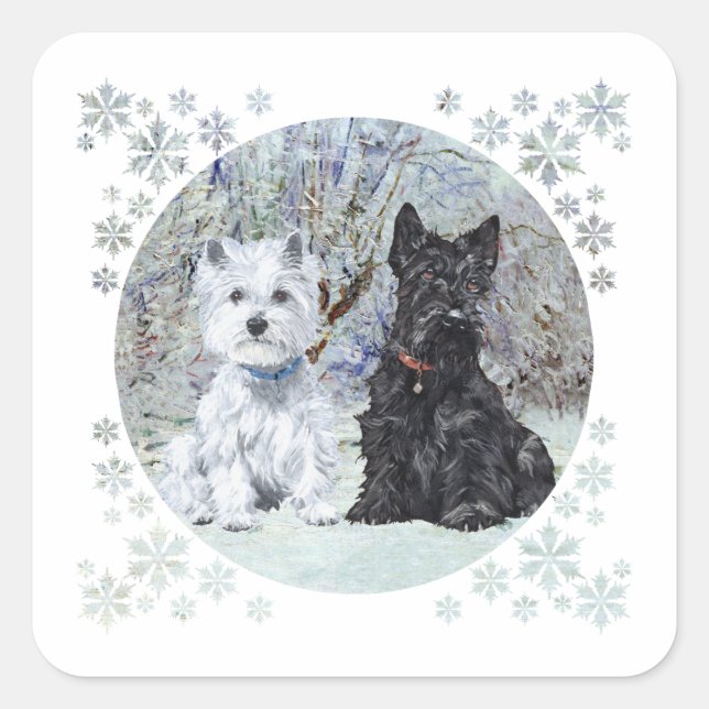 Sticker Carré Westie et Scottie dans le paysage enneigé (Devant)