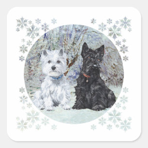 Sticker Carré Westie et Scottie dans un paysage enneigé