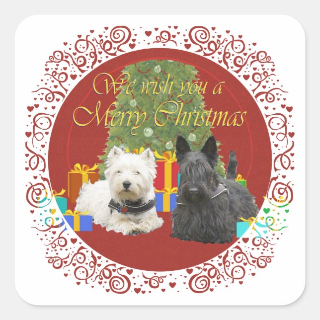 Sticker Carré Westie & Scottie Joyeux Noël (Devant)