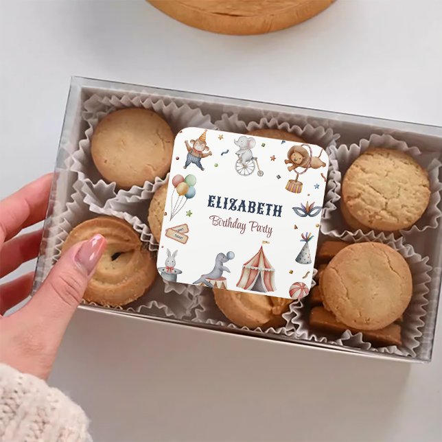 Sticker Carré Whimsal Animaux Cirque Anniversaire (Whimsical Animals Circus Birthday Party Square Sticker)