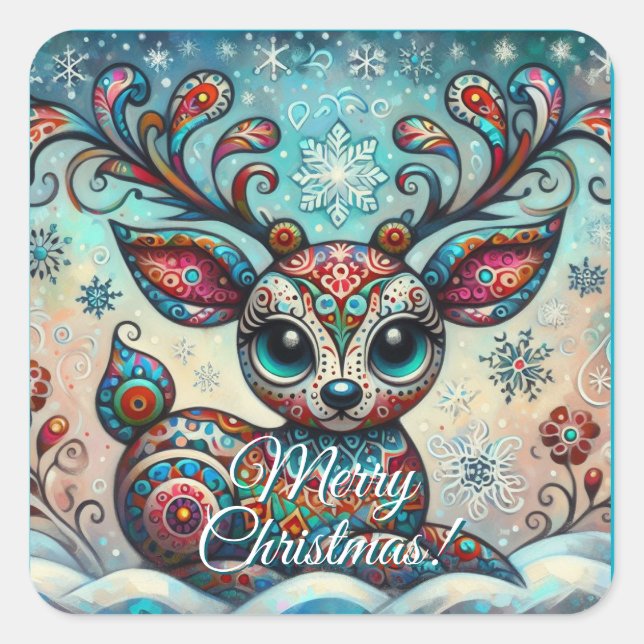 Sticker Carré Whimsical Big Eyes Christmas Reindeer Folk Art (Devant)