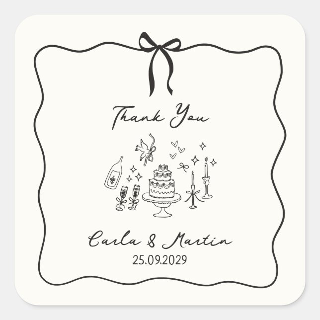 Sticker Carré Whimsical, dessiné à la main mariage merci (Devant)