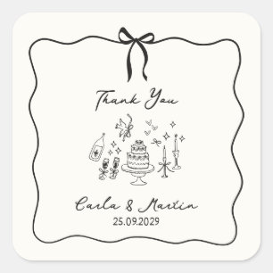 Sticker Carré Whimsical, dessiné à la main mariage merci