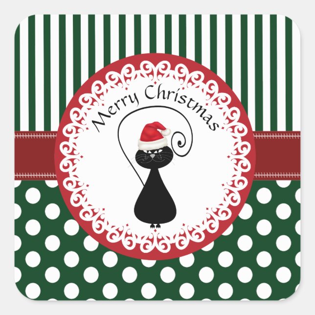 Sticker Carré Whimsical drôle Noël Père Noël motif de chat (Devant)