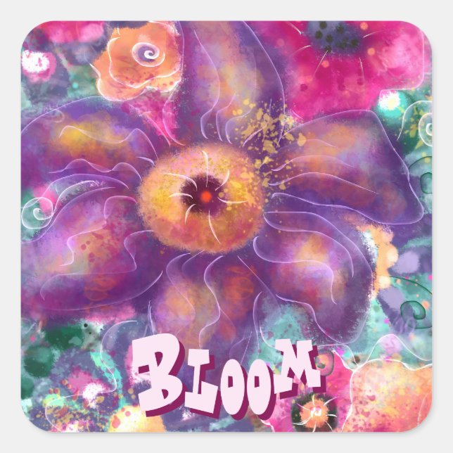 Sticker Carré Whimsical Floral Abstract Art Teal Personalized  (Devant)
