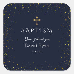 Sticker Carré Whimsical Gold Starry Night Boy Baptême