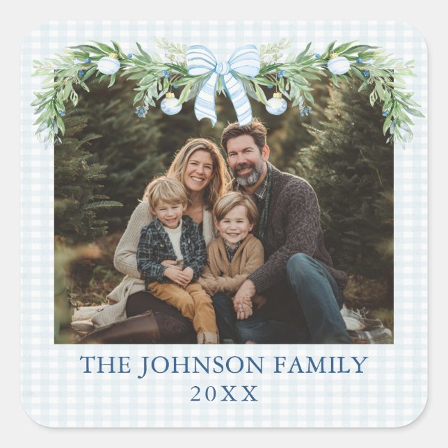 Sticker Carré Whimsical Grandmillenial Blue Bow Family Photo (Devant)