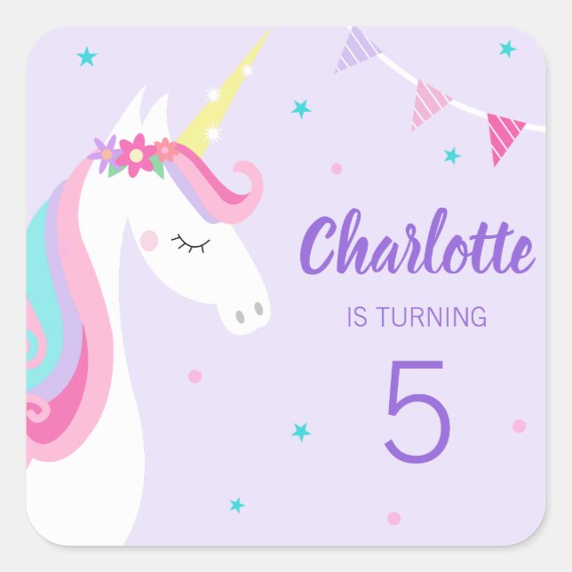 Sticker Carré Whimsical Rainbow Unicorn Purple 5e anniversaire (Devant)