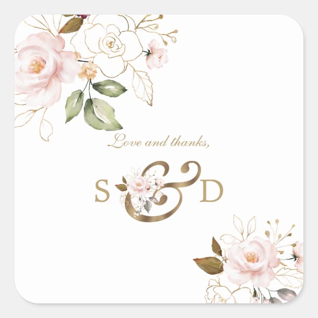 Sticker Carré Whimsical Rose Blush Gold Flowers Monogramme Maria (Devant)