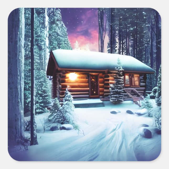 Sticker Carré Whimsical Rustic Cabine En Bois (Devant)