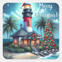 Whimsical Tropical Christmas Lighthouse Turquoise 