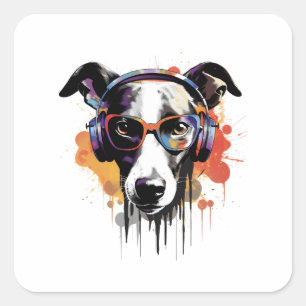 Sticker Carré Whippet Chien écouter de la musique Greyhound