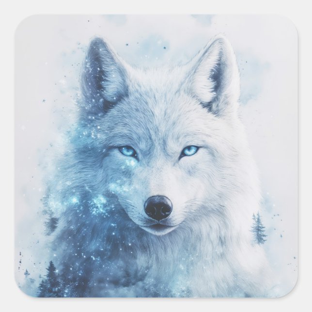 Sticker Carré White Wolf Portrait with Piercing Blue Eyes (Devant)